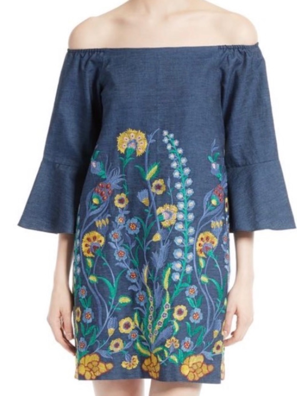 Alice + Olivia "Kyla" Floral Embroidered Chambray Tunic Dress Size XS